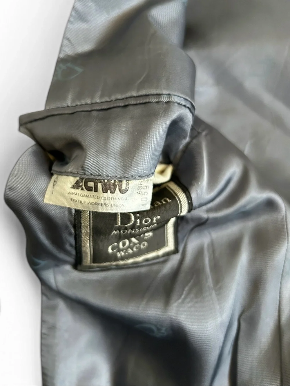 1970s DIOR 3 Puice Suit Logo Button, Flat Front pant 42L 34x34 UNION MADE